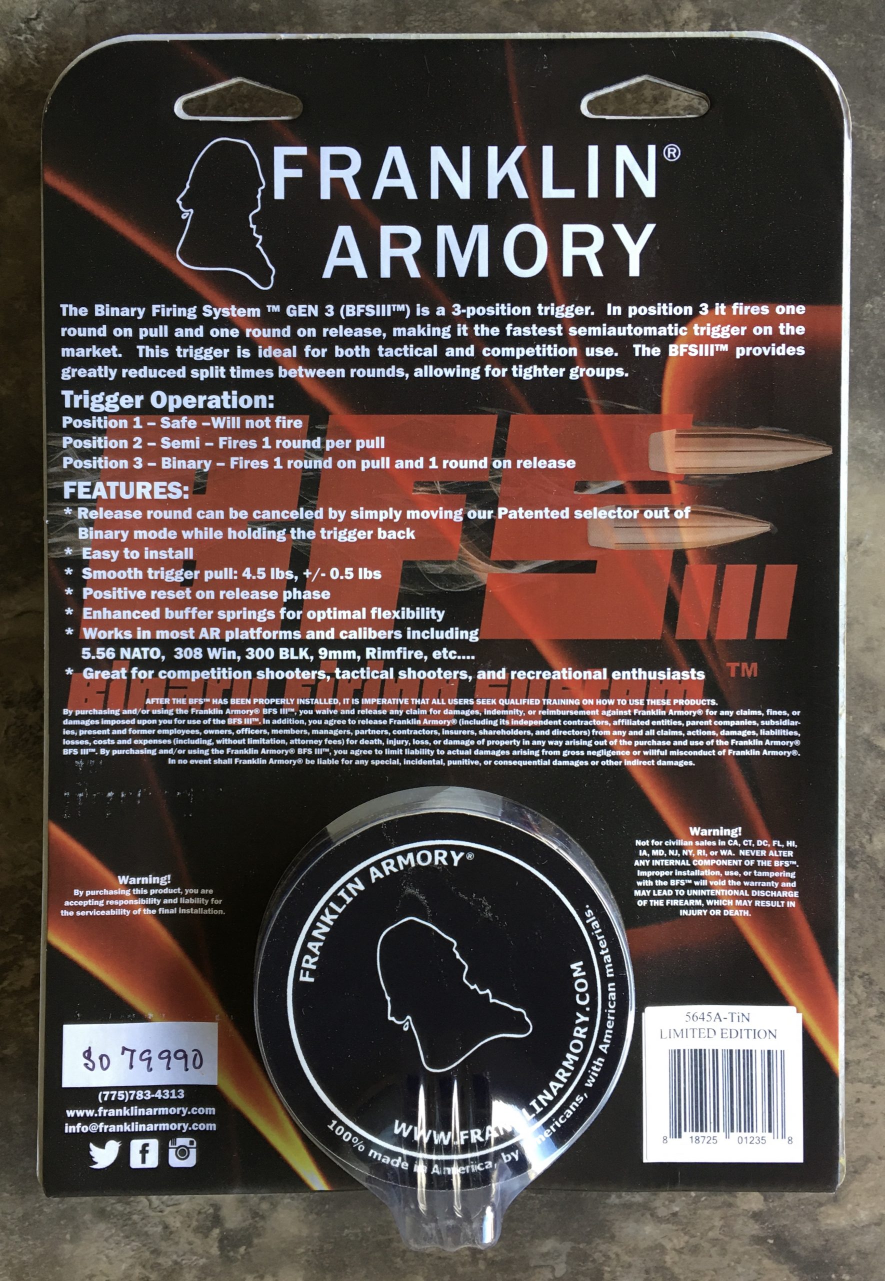 Franklin Armory Exclusive Titanium Nitride (Gold) Finish BFSIII AR-S1 ...