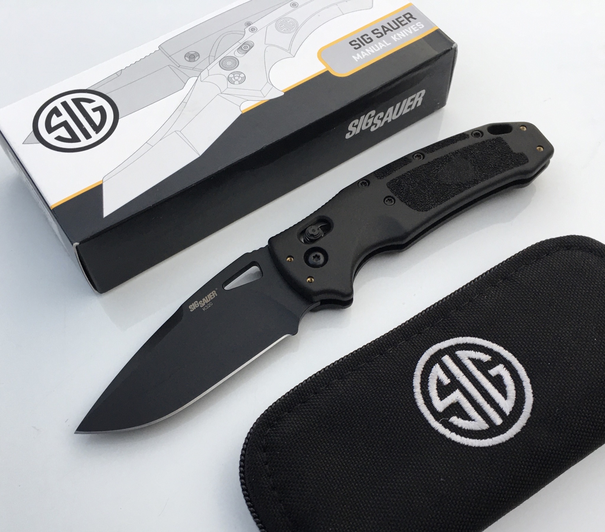 SIG Sauer by Hogue K320 M17 ABLE Lock Folding Knife 3.5″ Drop Point Cerakote Plain Blade Black Polymer Handles 36370 – Black Wolf Supply