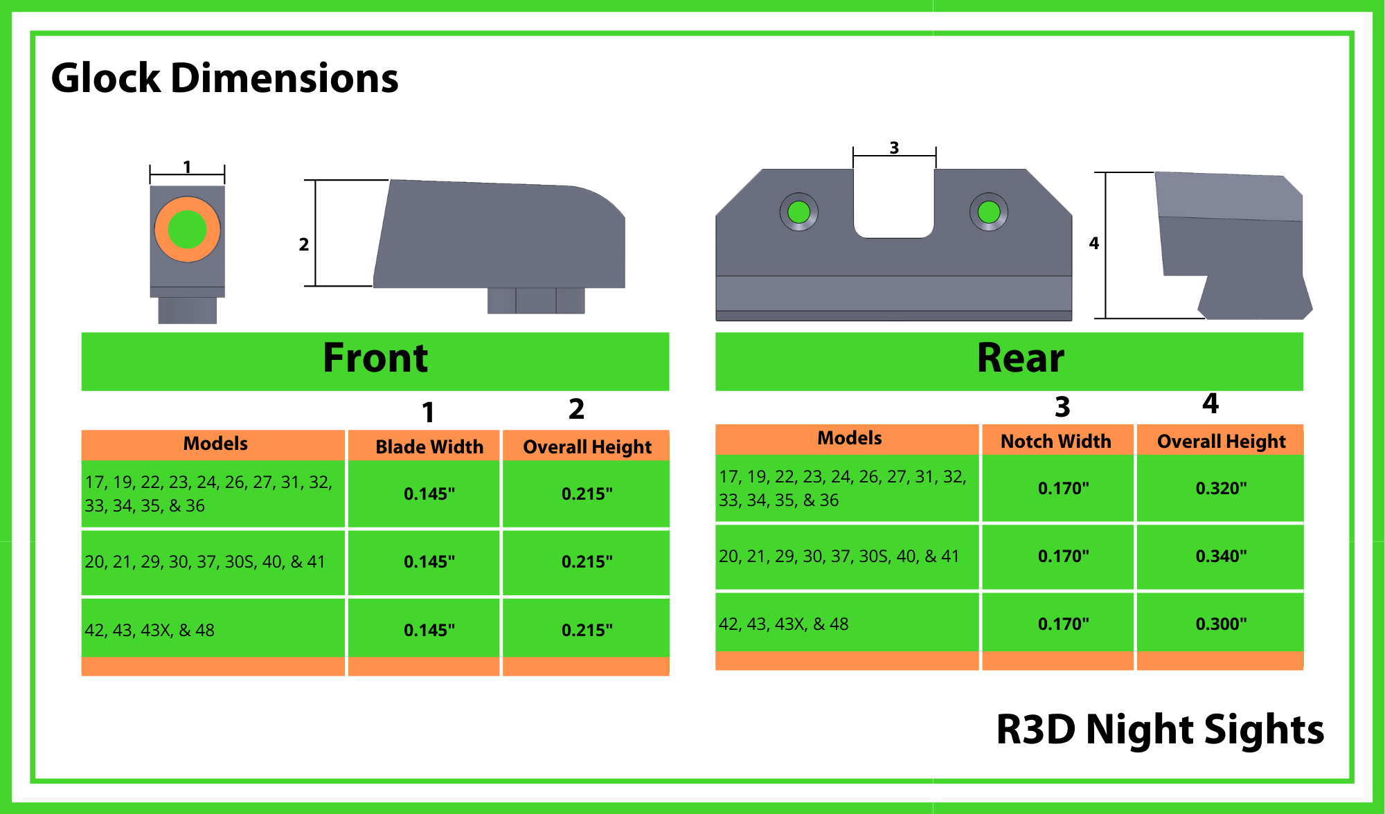 XS Sights R3D Night Sights Green Front Dot Fits Glock 42, 43, 43X, 48 ...